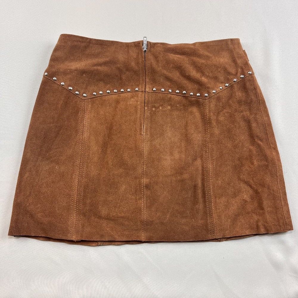 Muubaa 100% Suede Leather Mini Skirt Tan Western Boho Lace‎ Up Stud Detail Sz 10 - Picture 3 of 13